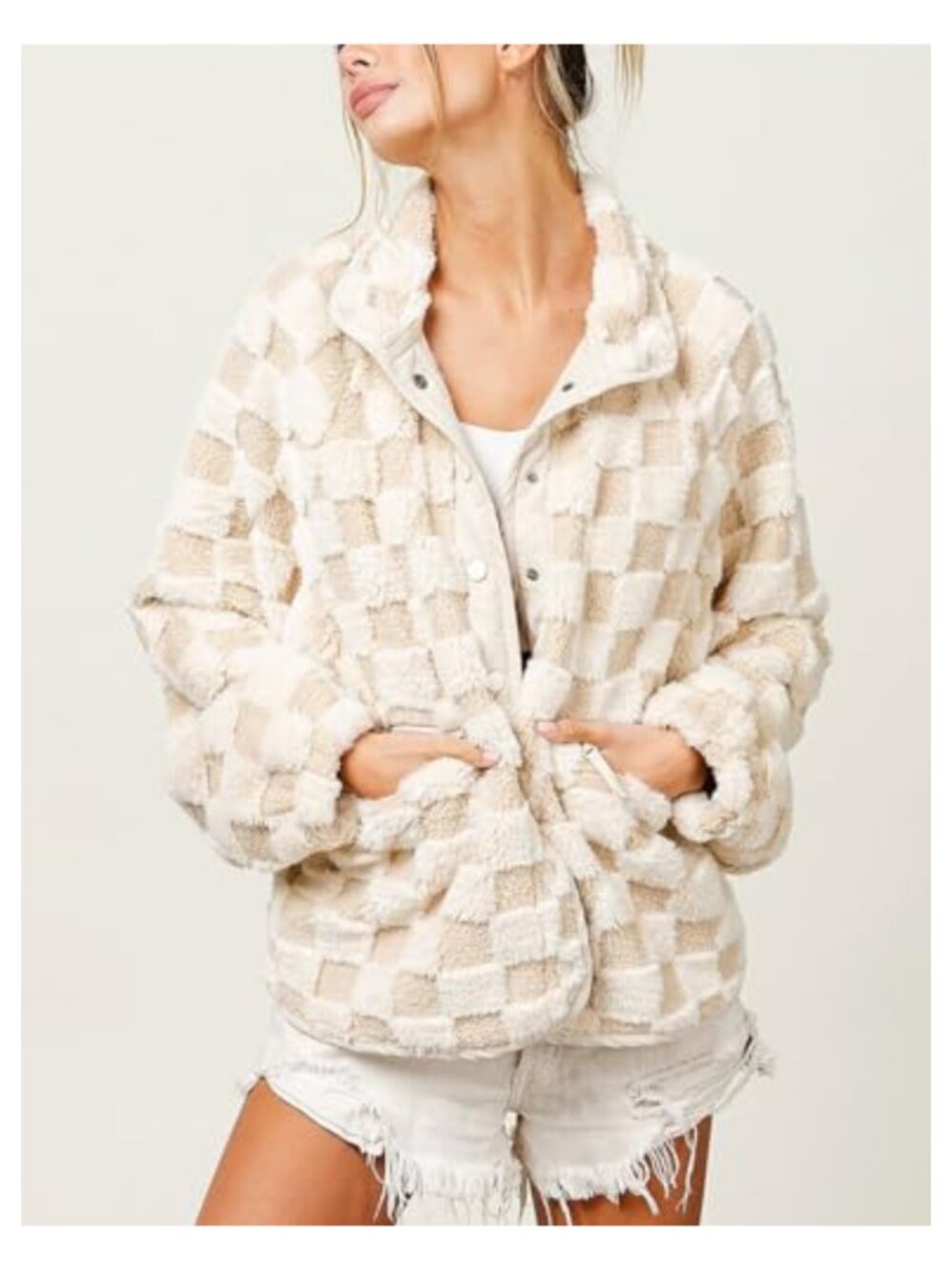 Women Winter Checkered Fleece Jacket Oversized Sherpa Shacket Faux Fur Coat - Picture 3 of 5